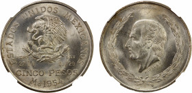 MEXICO: Estados Unidos, AR 5 pesos, 1954-Mo, KM-467, El-1068, lustrous, key date, NGC graded MS65.
Estimate: $200-280