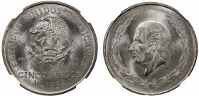 MEXICO: Estados Unidos, AR 5 pesos, 1954-Mo, KM-467, Hidalgo type, key date, NGC graded MS64.
Estimate: $150-200