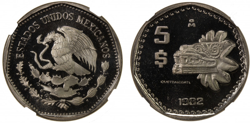 MEXICO: Estados Unidos, 5 pesos, 1982-Mo, KM-485, serpent god Quetzalcoatl, rare...