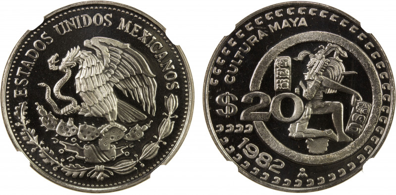 MEXICO: Estados Unidos, 20 pesos, 1982-Mo, KM-486, Maya Ball Player, rare in pro...