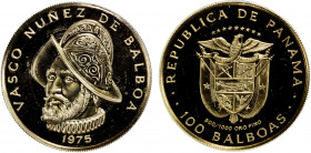 PANAMA: AV 100 balboas, 1975-FM, KM-41, 500th Anniversary of the Birth of Vasco Nuñez de Balboa, sealed in original Franklin Mint holder, Proof.
Esti...