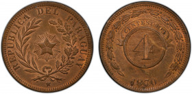 PARAGUAY: Republic, AE 4 centésimos, 1870, KM-4.1, PCGS graded MS64 RB, ex Joe Sedillot Collection. The name Shaw that appears on Paraguayan coins is ...