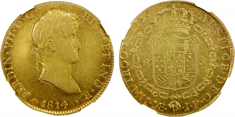 PERU: Ferdinand VII, 1808-1833, AV 8 escudos, Lima, 1814, KM-129.1, assayer JP, ...