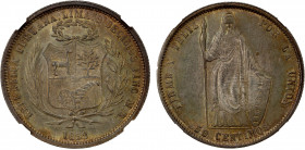 PERU: Republic, AR 50 centimos, Lima, 1858, KM-178, assayer MB, standing liberty, transitional coinage from Spanish system to decimal system, scarce o...