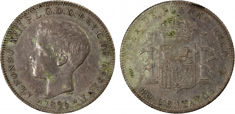 PUERTO RICO: Alfonso XIII, 1886-1898, AR 40 centavos, 1896, KM-23, initials PGV,...