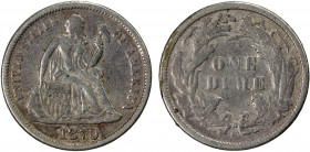 UNITED STATES: AR 10 cents, 1870-S, KM-92, Fine, Liberty Seated type, weakly struck denomination, as always, better date/mintmark.
Estimate: $450-550