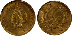 UNITED STATES: AV dollar, 1854, NGC graded AU58, Indian type, Scarce. The Small Head Type Two gold dollar is a notoriously scarce type as it was struc...