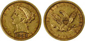 UNITED STATES: AV 5 dollars, 1853, KM-69, VF, Coronet head type, small marks, cleaned.
Estimate: $475-525