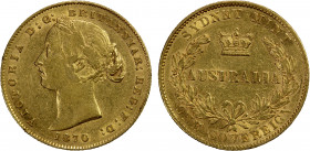 AUSTRALIA: Victoria, 1837-1901, AV sovereign, 1870, KM-4, reverse fields a bit baggy, some luster, VF-EF.
Estimate: $450-500