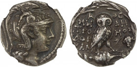 ATTICA: Athens, AR drachm (3.87g), 147/6 BC, Thompson-646, New style coinage, magistrates Metrodoros, Demosthene and Kallis, helmeted head of Athena r...