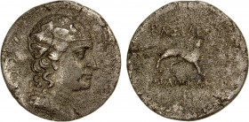 BACTRIA: Agathocles, ca. 190-180 BC, copper-nickel unit (6.83g), Bop-5A, wreathed bust of Dionysos right // panther prowling before a vine, usual mode...