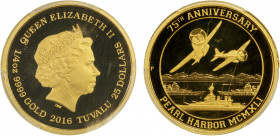 TUVALU: Elizabeth II, 1952, AV 25 dollars, 2016-P, KM-374, 1/4 oz .9999 pure gold, struck at Perth Mint, Pearl Harbor, PCGS graded PF70 Deep Cameo.
E...