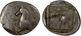 THRACE: Maroneia, AR triobol (2.81g), ca. 398/7-386/5 BC, SNG Cop-615, forepart of horse left, Π-Λ on either side // grape bunch on vine, rhyton to lo...