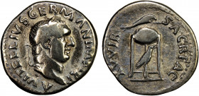 ROMAN EMPIRE: Vitellius, April-December 69 AD, AR denarius (2.81g), Rome, RIC-86, laureate head right, A VITELLIVS GERMAN IMP TR P // tripod with rave...