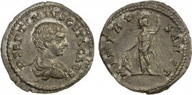 ROMAN EMPIRE: Geta, caesar, 198-209 AD, AR denarius (3.74g), Rome, 203-208 AD, RIC-45, bare-headed and draped bust right, P SEPTIMIVS GETA CAES // Min...