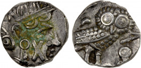 SABAEAN: Anonymous, 4th/3rd century BC, AR ¼ unit (1.14g), Huth-178/79, head of Athena right, with denomination letter Χ on cheek // owl standing righ...
