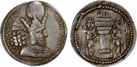SASANIAN KINGDOM: Shahpur I, 241-272, AR drachm (4.47g), G-23, king's bust, wearing tiara headdress with korymbos & earflaps // fire altar guarded by ...