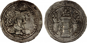 SASANIAN KINGDOM: Hormizd II, 303-309, AR obol (0.59g), G-84, king's bust right, wearing winged eagle crown // fire altar & two attendants, right atte...