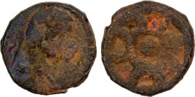AHICHCHHATRA: Achyuta, 4th century AD, AE unit (1.43g), Pieper-1375/76, Roman bust right, flanked by legend a - (chuta) // 8-spoke wheel, some light a...
