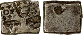 MAURYAN EMPIRE: Punchmarked, ca. 2nd century BC, AR karshapana (2.93g), G&K series VIb, 566, five punches, including a human figure holding a water po...