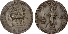 INDO-SCYTHIAN: Azes, ca. 58-12 BC, AR tetradrachm (9.22g), Senior-87, king on horseback // Zeus standing left, holding long transverse scepter; wonder...