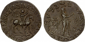 INDO-SCYTHIAN: Azes, ca. 58-12 BC, AR tetradrachm (9.66g), Senior-99, king on horseback, left hand raised with whip // Zeus standing right, holding tr...