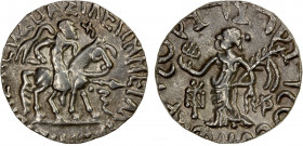 INDO-SCYTHIAN: Azilises, ca. 57-35 BC, AR tetradrachm (9.27g), Mitch-2270/77, king on horseback, holding whip // city goddess standing, holding lamp &...