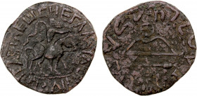 INDO-SCYTHIAN: Spalarises & Azes, ca. 50 BC, AE round ½ obol (8.2g), Mitch-2175/76, king on horseback, holding whip // bow & arrow, well-centered stri...