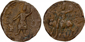 KUSHAN: Vasudeva I, ca. 191-230, AE unit (10.35g), G-1000, Pieper-1811, early type: king standing, holding trident but without the second trident abov...