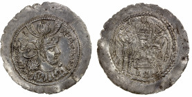 KUSHANO-SASANIAN: temp. Varhran, ca. 335-370, AR drachm (4.09g), Cribb-78, Donum-Burns-1556/57, Sasanian style obverse & reverse, with Varhran wearing...