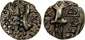 KIDARITE: Vinayaditya, 7th/8th century, debased AV dinar (7.19g), Mitch-3656/60, Cribb-32, highly stylized king standing left // abstract Ardoksho sea...