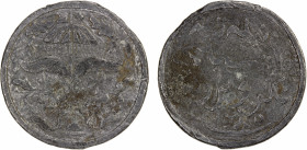 BRUNEI: Sultan Abdul Momin, 1852-1885, tin ½ pitis (½ cent) (5.67g), SS-48a, KM-1, State Umbrella, flag left, coin arrangement // Jawi text: inilah ti...