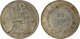 FRENCH INDOCHINA: AR 20 cents, 1903-A, KM-10, Lec-206, rare date, cleaned, AU, R.

NOTE: This coin has been cleaned, which we did not mention in the...