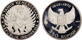 INDONESIA: Republic, AR 750 rupiah, 1970, KM-26, 25th Anniversary of Independence-Garuda Bird, a few hairlines, but generally nice, Choice Proof.
Est...