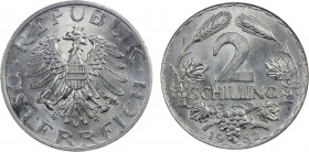 AUSTRIA: Republic, 2 schilling, 1952, KM-2872, key date, lustrous, PCGS graded MS65.
Estimate: $150-200