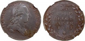 AUSTRIAN NETHERLANDS: Josef II, Emperor, 1780-1790, AE 2 liard, Brussels, 1781, KM-31, nicely toned with blue hues, NGC graded MS62 BN.
Estimate: $10...