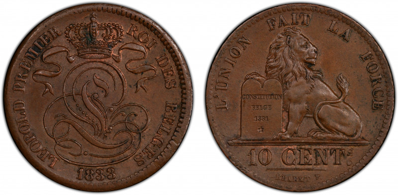 BELGIUM: Leopold I, 1831-1865, AE 10 centimes, 1833, KM-2.1, an attractive mint ...
