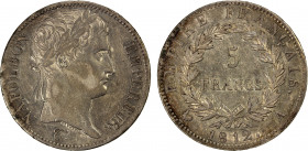 FRANCE: Napoleon I, as Emperor, 1804-1814, AR 5 francs, 1812-A, KM-694.1, some luster, traces of iridescent toning, EF.
Estimate: $140-200