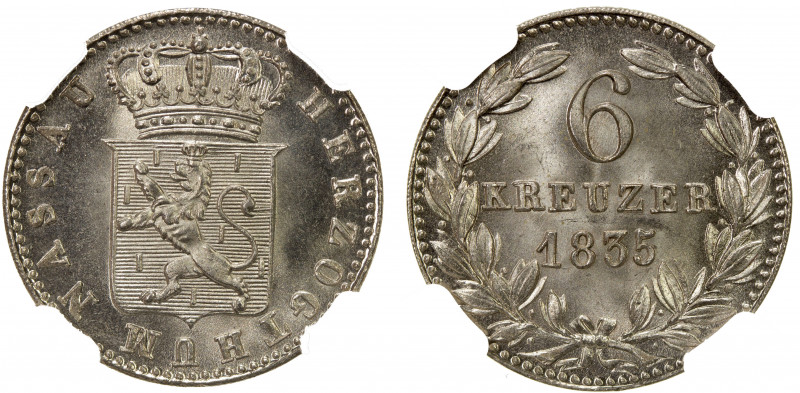 NASSAU: Duke Wilhelm, 1816-1839, AR 6 kreuzer, 1835, KM-53, key date, a blazing ...