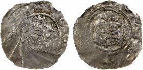 REGENSBURG: Heinrich IX or X, 1120-1138, AR pfennig (0.97g), ND, Emmerig-50, crowned bust with lily scepter // spiritual and secular bust together hol...