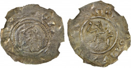 REGENSBURG: Heinrich X, 1126-1138, AR pfennig (0.95g), ND, Emmerig-60, man in tight robe with raised sword and round shield fighting a rising lion com...