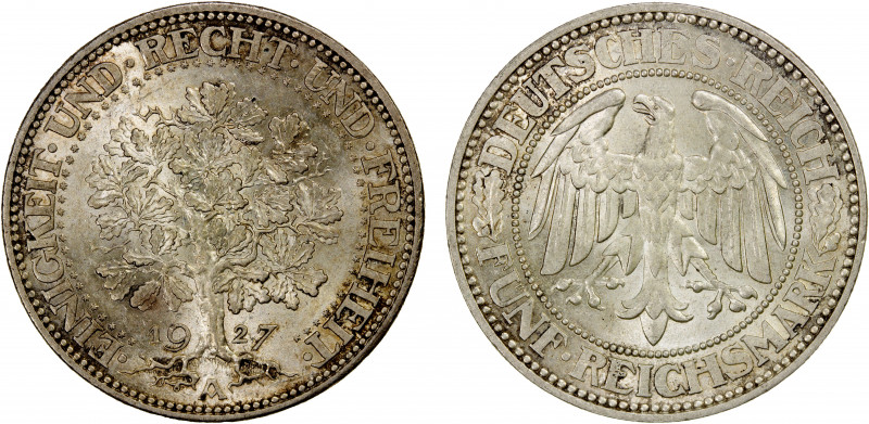 GERMANY: Weimar Republic, AR 5 reichsmark, 1927-A, KM-56, J-331, very nice examp...