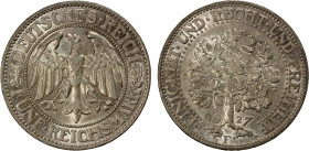 GERMANY: Weimar Republic, AR 5 reichsmark, 1927-F, KM-56, Oak Tree, better date/mintmark, EF-AU.
Estimate: $150-190