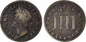 GREAT BRITAIN: James II, 1685-1688, AR 4 pence, 1686, KM-455.1, Spink-3414, some central weakness, bluish toning, F-VF.
Estimate: $130-170