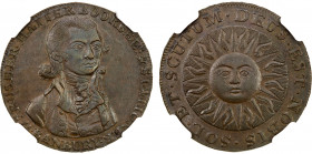 GREAT BRITAIN: AE ½ penny token, Oxfordshire - Banbury, ND (ca. 1790), D&H-1, WM. RUSHER HATTER BOOKSELR. & STATIONER. BANBURY around // sun with face...