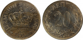 GREECE: George I, 1863-1913, 20 lepta, 1894-A, KM-57, lightly cleaned, some uneven toning, AU.
Estimate: $130-170