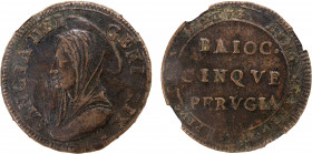 PAPAL STATES: Pius VI, 1775-1799, AE 5 baiocchi, Perugia, 1797 year XXIII, KM-8, environmental damage, NGC graded XF Details.
Estimate: $100-150
