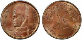 EGYPT: Farouk, 1936-1952, AE ½ millieme, 1938/AH1357, KM-357, one-year type, very attractive, a lovely example! PCGS graded Specimen 66RB, ex King's N...