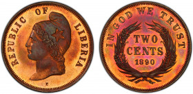 LIBERIA: Republic, AE 2 cents pattern, 1890, KM-X-Pn7, a gorgeous example with warm, orange luster throughout, PCGS graded Specimen 64 RB.
Estimate: ...