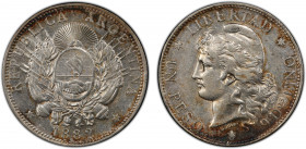 ARGENTINA: Republic, AR peso, 1882, KM-29, lustrous, uneven but attractive toning, PCGS graded AU50.
Estimate: $160-200